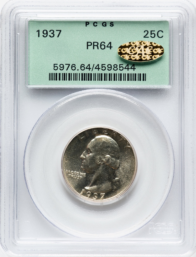 1937 Washington 25C PCGS PR-64 Gold CAC, $576.00