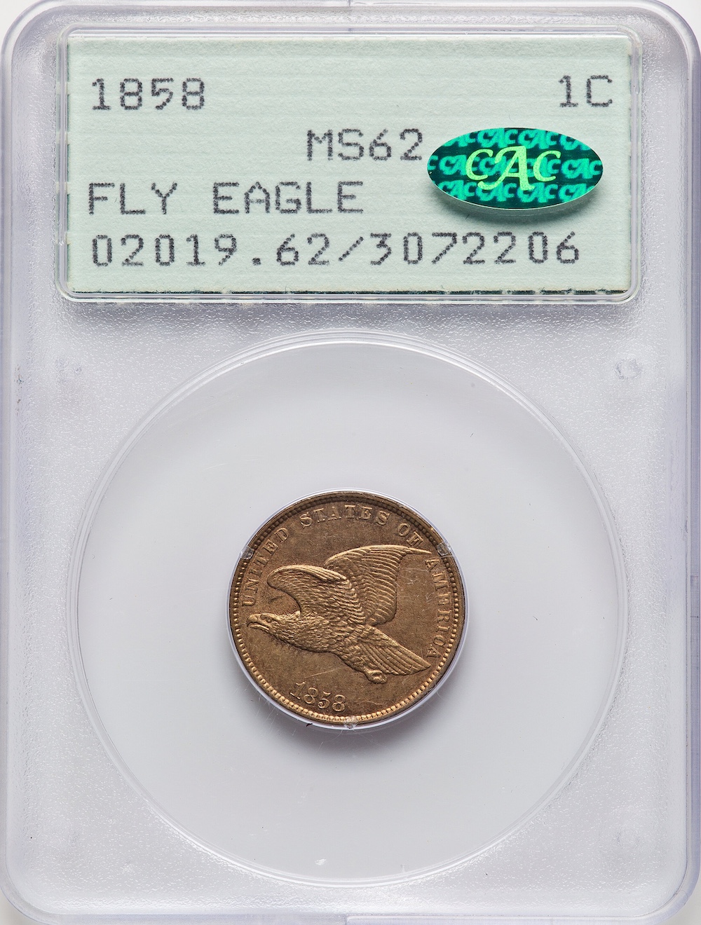 1858 Flying Eagle Cent Large Letters, PCGS MS-62 CAC, $2,928.00