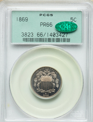 Nickel Five-Cent Pieces, Shield 1869 Proof Obverse (1866 - 1883) Coin Value