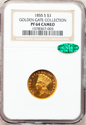 Three Dollar Gold Pieces 1855S Proof, Cameo
