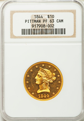 Eagles ($10.00 Gold Pieces), Coronet 1844 Proof, Cameo