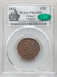 Half-Cent Pieces, Classic (Turban) Head 1832 Proof C-1 Obverse (1809 - 1836) Coin Value