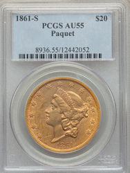 Double Eagles ($20.00 Gold Pieces), Coronet 1861S Paquet reverse