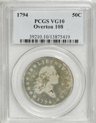 Half Dollars, Flowing Hair 1794 Overton 108